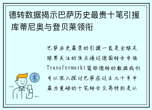 德转数据揭示巴萨历史最贵十笔引援 库蒂尼奥与登贝莱领衔